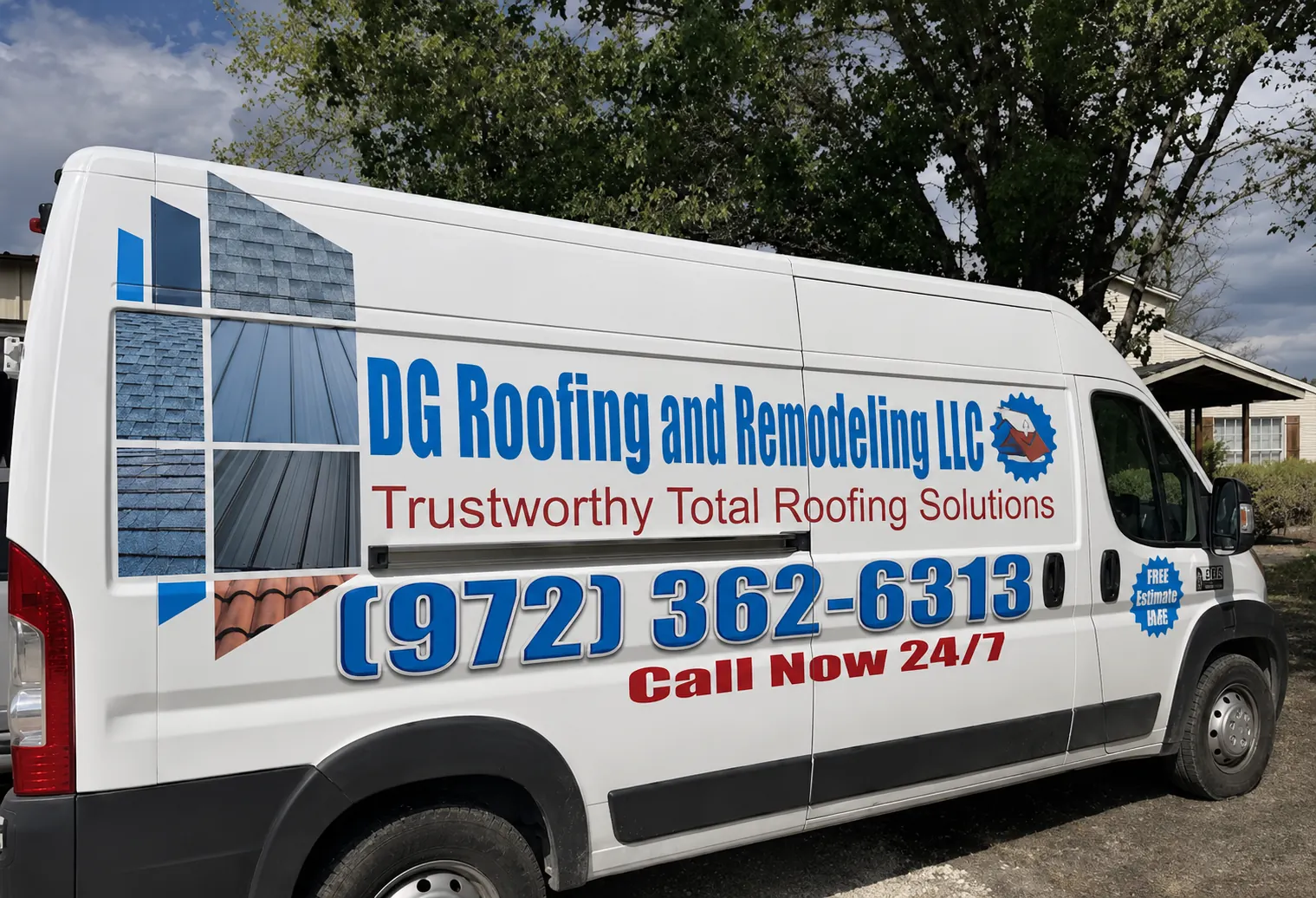 DG Roofing and Remodeling LLC service van in Central Texas